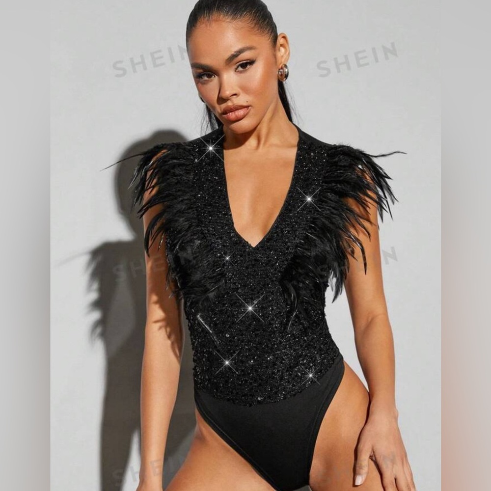 SHEIN BAE Women's Feather Patchwork Sequin Bodysuit Size Small 4